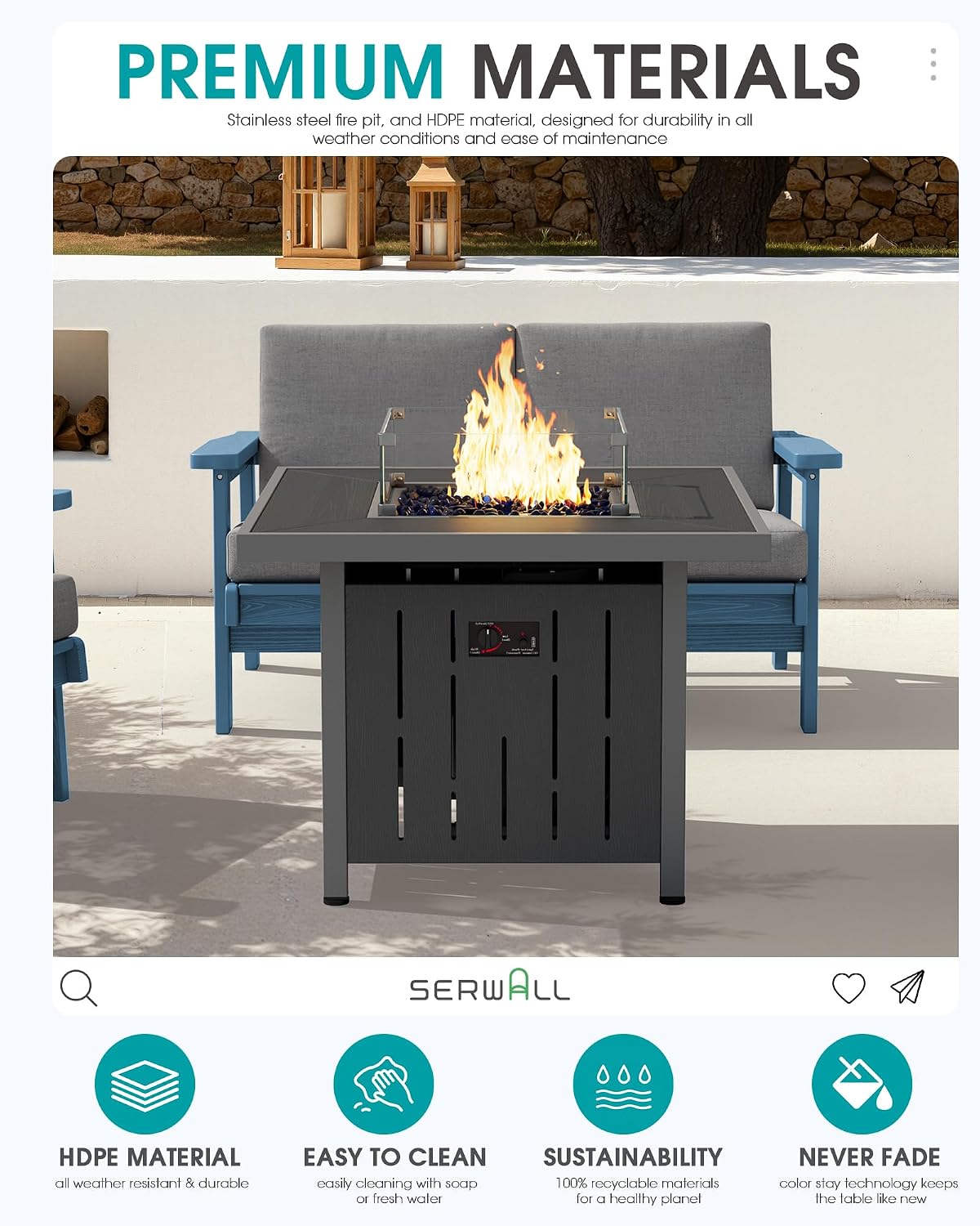 SERWALL 33' Outdoor Fire Pit Table, 50,000 BTU Square Propane Fire Pit Table with Lid, Glass Rock & Glass Wind Guard, HDPE Outdoor Furniture for Patio, Garden, Backyard, Black