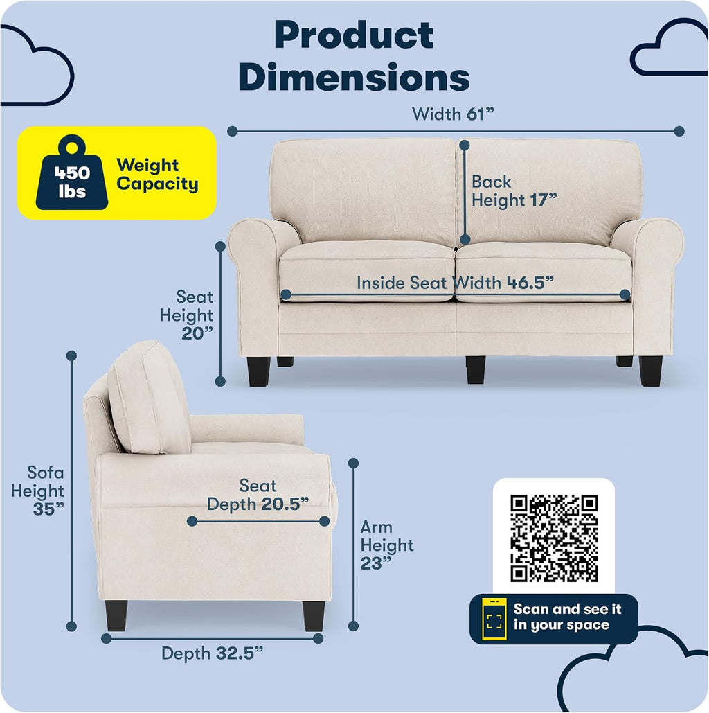 Serta Copenhagen 61' Rolled Arm Sofa, Easy Care Polyester, Soft Pillow Back, Pocket Coil Seat Cushions, Removable Covers, Loveseat or Couch for Small Spaces, Living Rooms or Bedrooms, Cream White