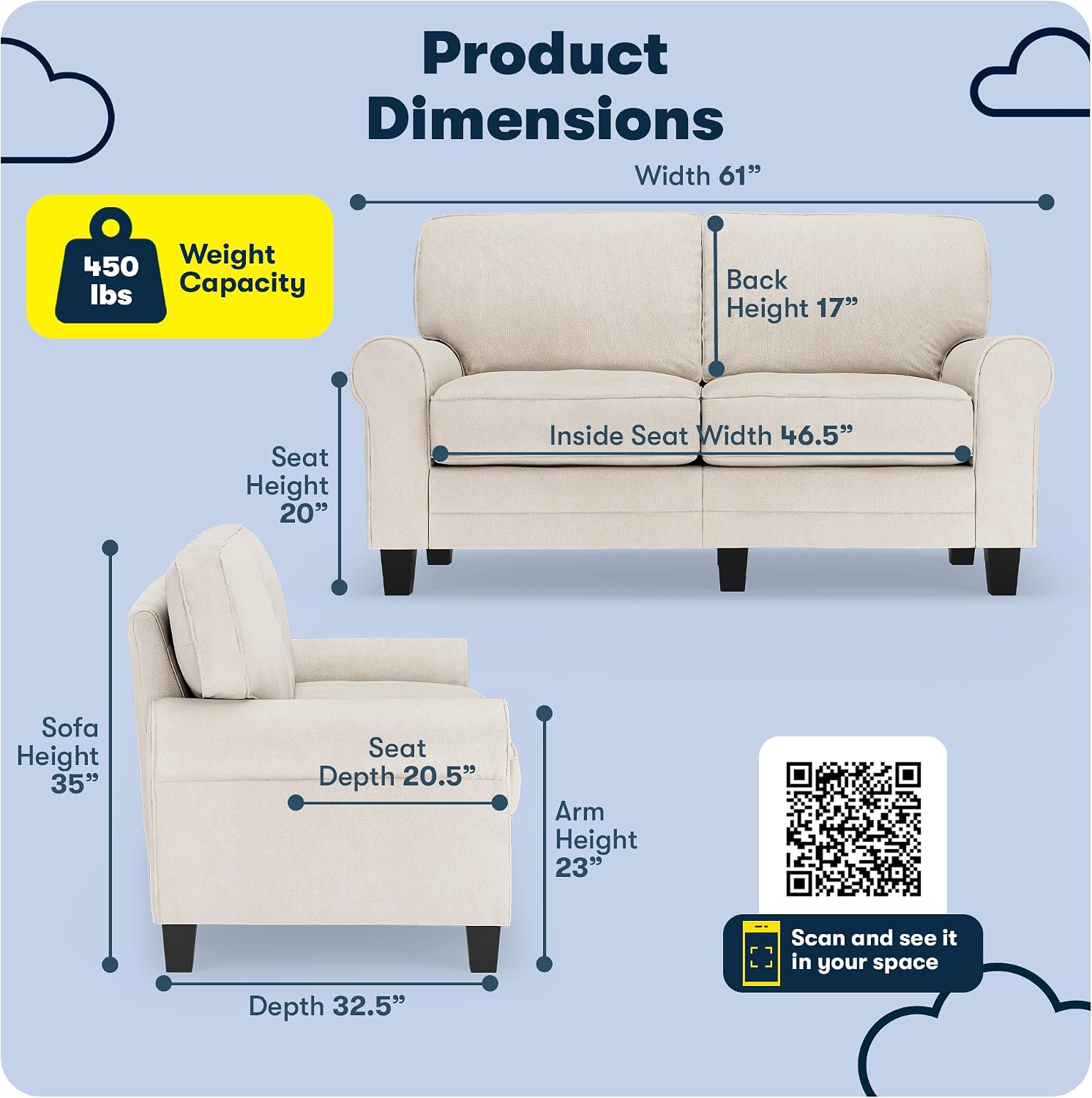 Serta Copenhagen 61' Rolled Arm Sofa, Easy Care Polyester, Soft Pillow Back, Pocket Coil Seat Cushions, Removable Covers, Loveseat or Couch for Small Spaces, Living Rooms or Bedrooms, Cream White