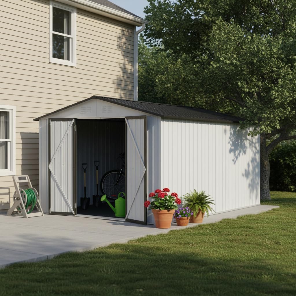 10X12 FT Outdoor Storage Shed, Galvanized Steel Garden Tools Shed with Hinged Door & Padlock, Large Storage Cabinets for Patio, Backyard, Lawn, Garden (White & Gray)
