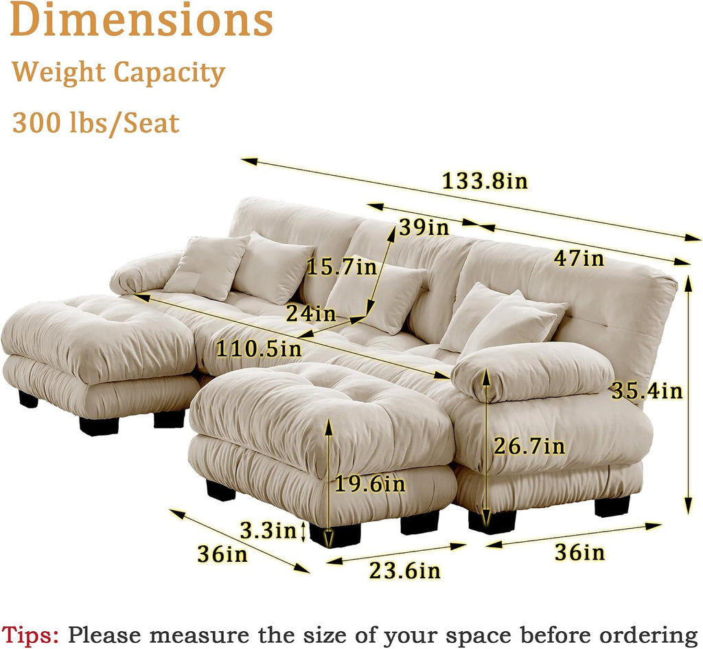 U Shaped Sectional Couches for Living Room, 133.8' Modular Sectional Sofa Cloud Couch with Ottoman, 3-Seater Modern Couch with Round Armrests 5 Pillows, Deep Seat Comfy Chenille Oversized Sofa