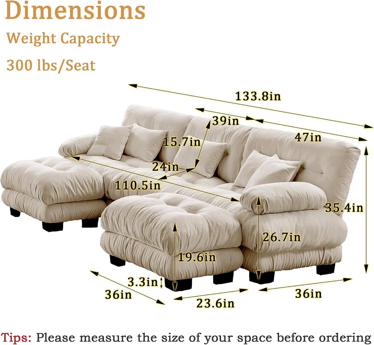 U Shaped Sectional Couches for Living Room, 133.8' Modular Sectional Sofa Cloud Couch with Ottoman, 3-Seater Modern Couch with Round Armrests 5 Pillows, Deep Seat Comfy Chenille Oversized Sofa