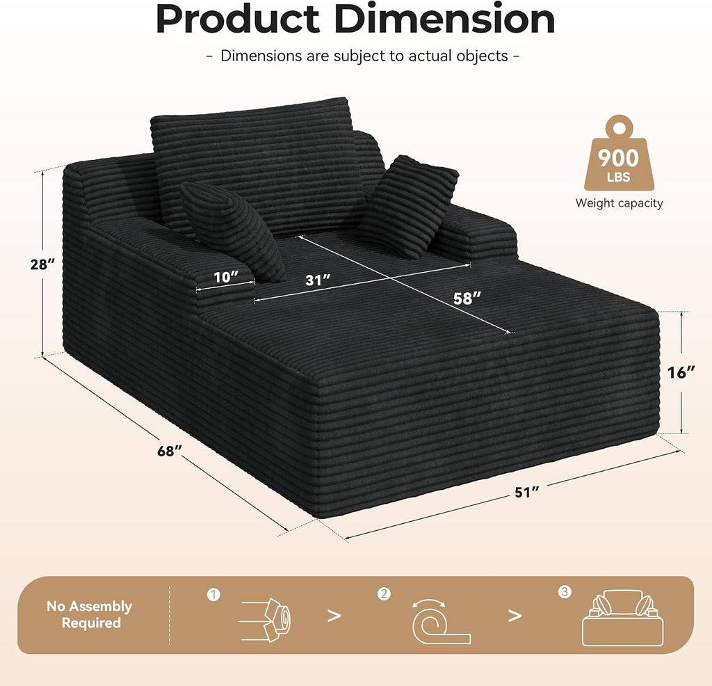 51'' Oversized Chaise Lounge Chair Indoor, Non-Assembly Deep Seat Sofa Bed Corduroy Sleeper Cloud Couch with 2pcs Pillows for Reading Living Room-Black