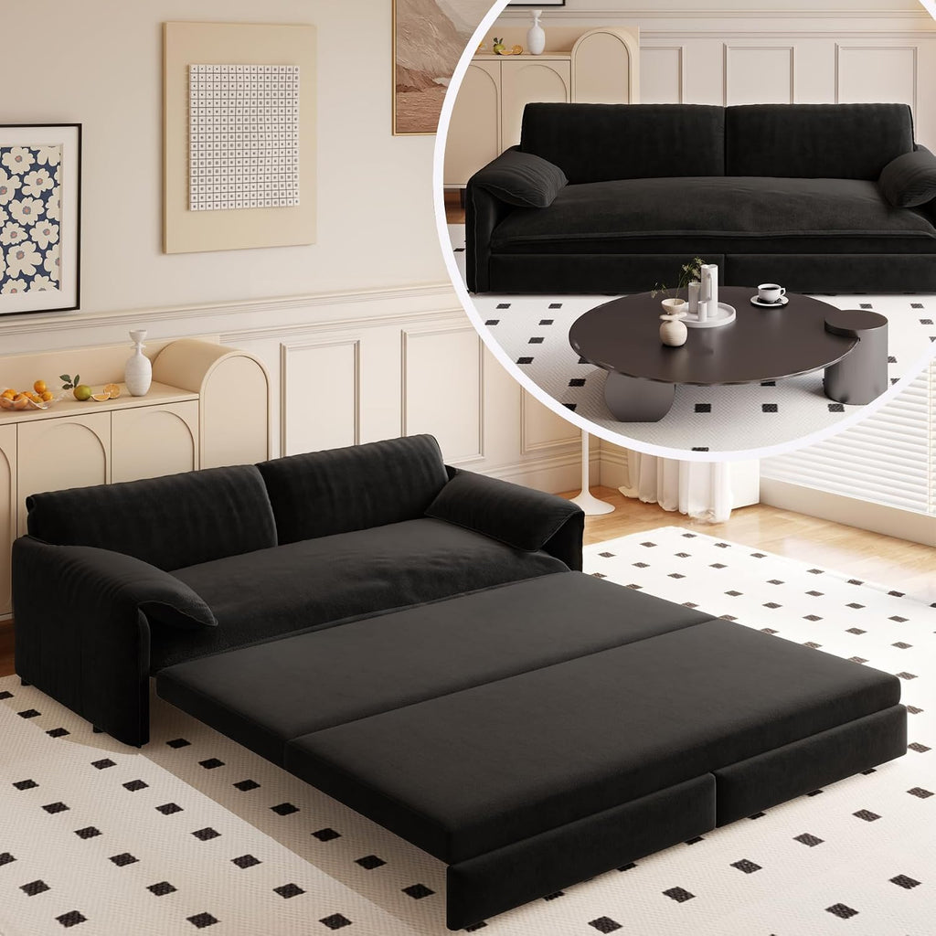 66'' Velvet Queen Size Pull Out Sofa Bed, 3-in-1 Convertible Loveseat Sleeper Sofa with Armrest for Living Room, Apartment, Space Saving, Black