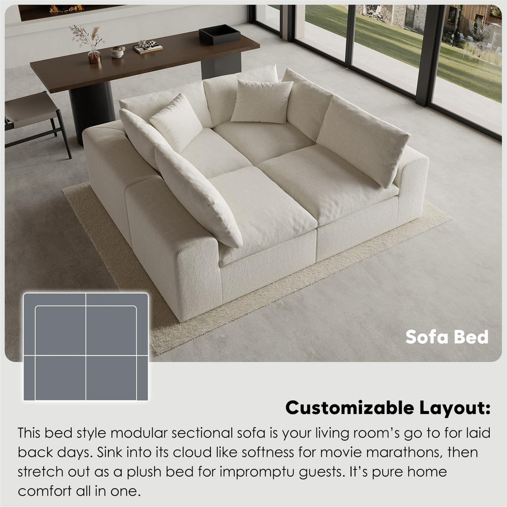 130' Oversized Boneless Cloud Couch, Modular Sectional Couches for Living Room, L-Shaped with Deep Seats, No Assembly Required, 4-Seater Washable Fabric Sleeper Sofa, White