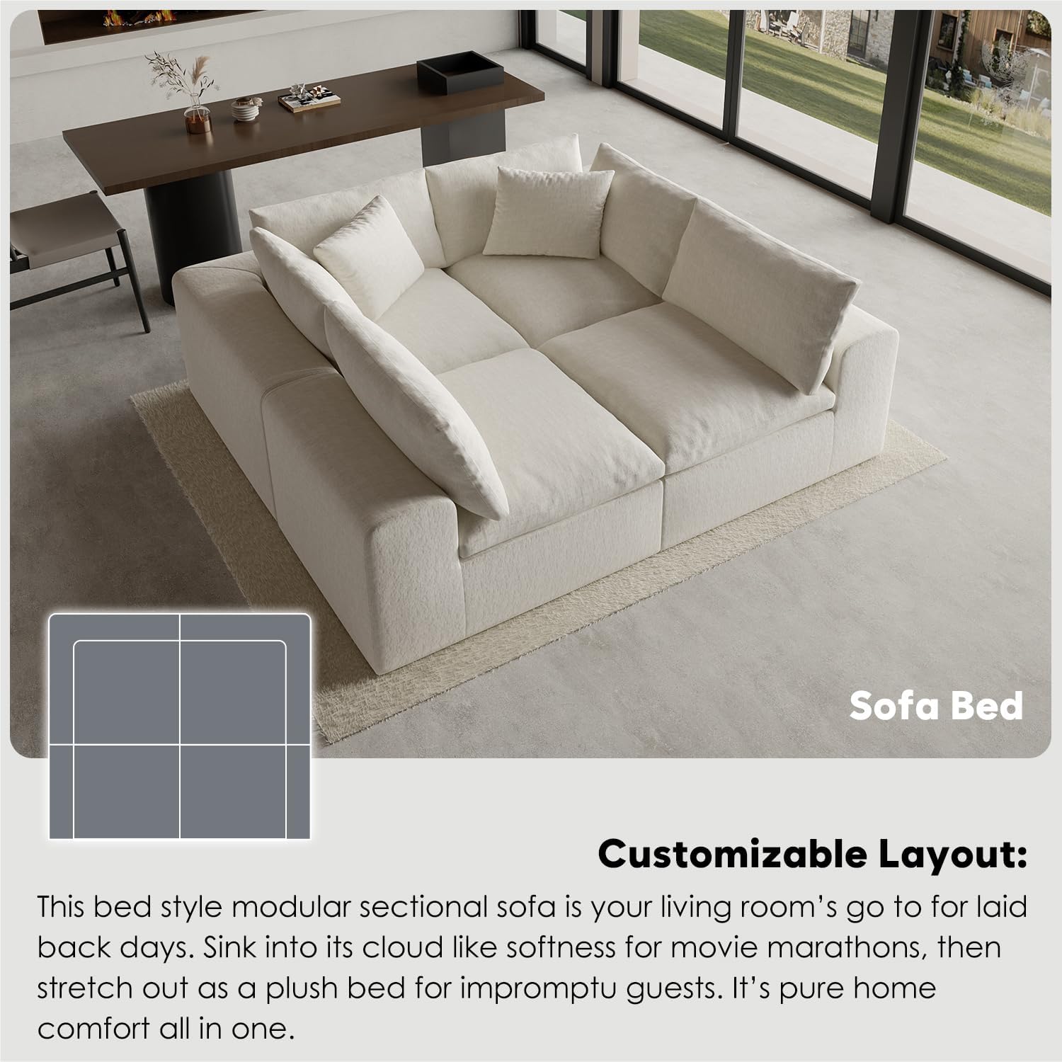 130' Oversized Boneless Cloud Couch, Modular Sectional Couches for Living Room, L-Shaped with Deep Seats, No Assembly Required, 4-Seater Washable Fabric Sleeper Sofa, White