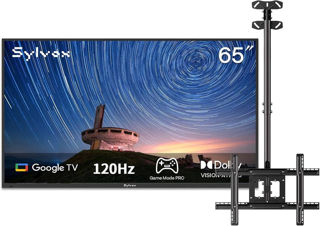 SYLVOX Outdoor TV with Ceiling Mount & Cover, 65 inch 120Hz 4K Smart TVs, Weatherproof & IP55 Waterproof, Compatible with Google & Dolby Atmos, HDMI 2.1 & USB 3.0, 1000 Nits Outside TV for Gaming