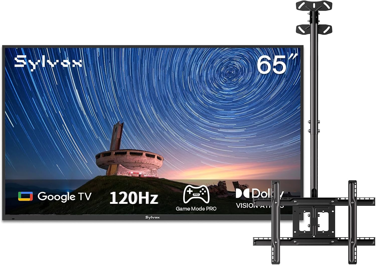 SYLVOX Outdoor TV with Ceiling Mount & Cover, 65 inch 120Hz 4K Smart TVs, Weatherproof & IP55 Waterproof, Compatible with Google & Dolby Atmos, HDMI 2.1 & USB 3.0, 1000 Nits Outside TV for Gaming
