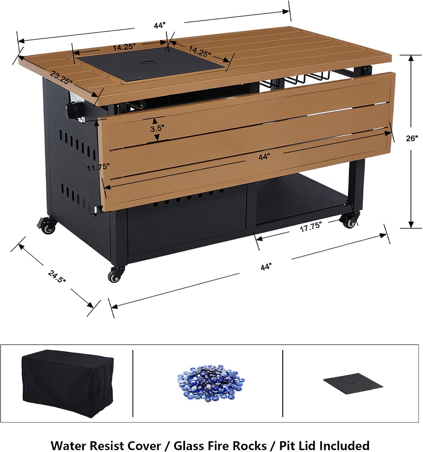 44' Propane Fire Pit, Gas Fire Pits for Outside Patio with Cover, Moveable Outdoor Storage Cabinet with Handle/Wine Guard, BBQ Grill Cart for Patio with Extendable Tabletop for Deck, Black