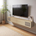 Pmnianhua Boho Floating TV Stand 55', Modern Wall Mounted Media Console with Cotton-Rayon Doors for Under TV Shelf,Entertainment Center,Living Room,Bedroom(Natural)