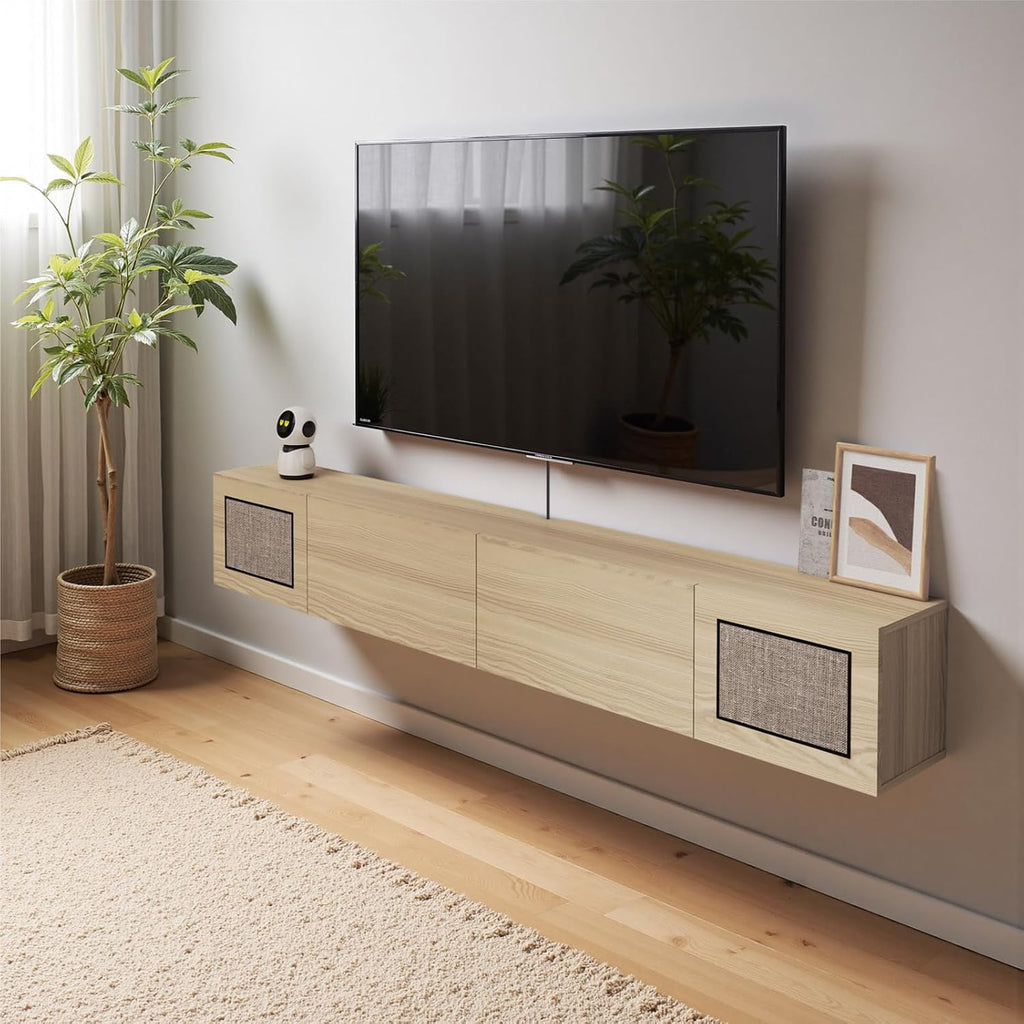 Pmnianhua Boho Floating TV Stand 70', Modern Wall Mounted Media Console with Cotton-Rayon Doors for Under TV Shelf,Entertainment Center,Living Room,Bedroom(Natural)