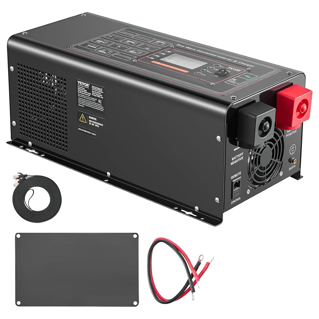 VEVOR Pure Sine Wave Inverter Charger, 2000 Watt, DC 12V to AC 120V, Battery Charger with LCD Display, Remote Control, Solar Inverter for Off-Grid Solar RV Boat Home, Compatible with Various Batteries