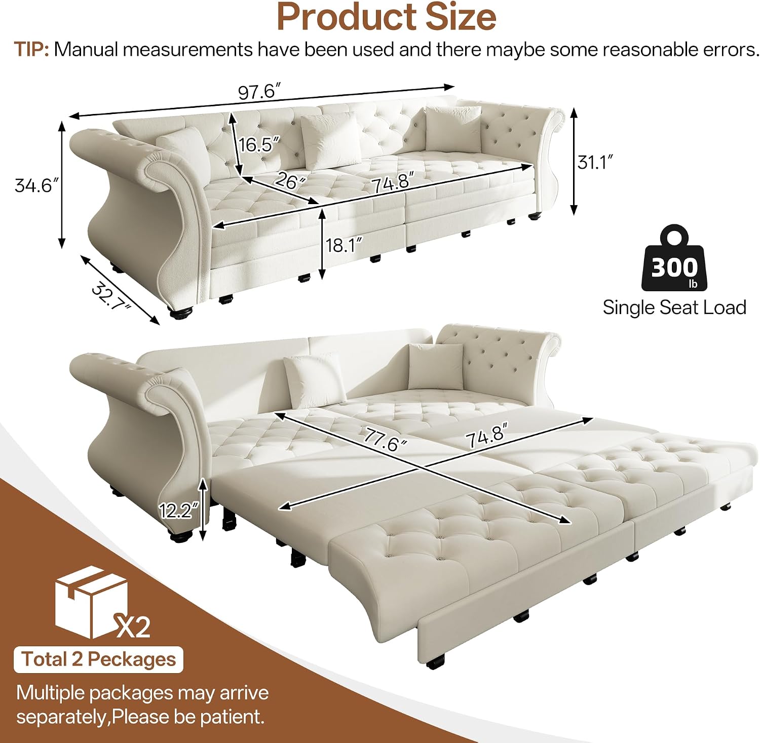 97.6' King Size Sleeper Sofa Bed, 3-in-1 Convertible Pull Out Chesterfield Sleeper Couch, Oversized Velvet Flower Button Tufted 4-Seat Sofa for Living Room Apartment, Beige White