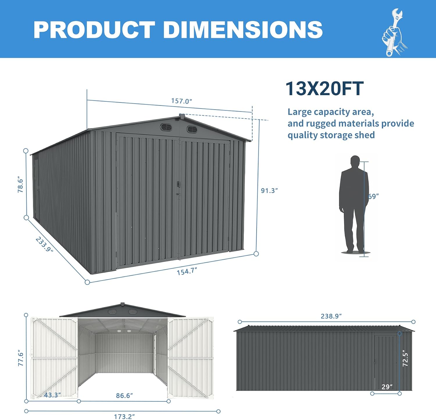 13x20 Ft Outdoor Metal Garage Shed, Extra Large Storage Shed with Double Hinged Doors, Carport for Car, Truck, Bicycle and Garden Equipment, Dark Gray