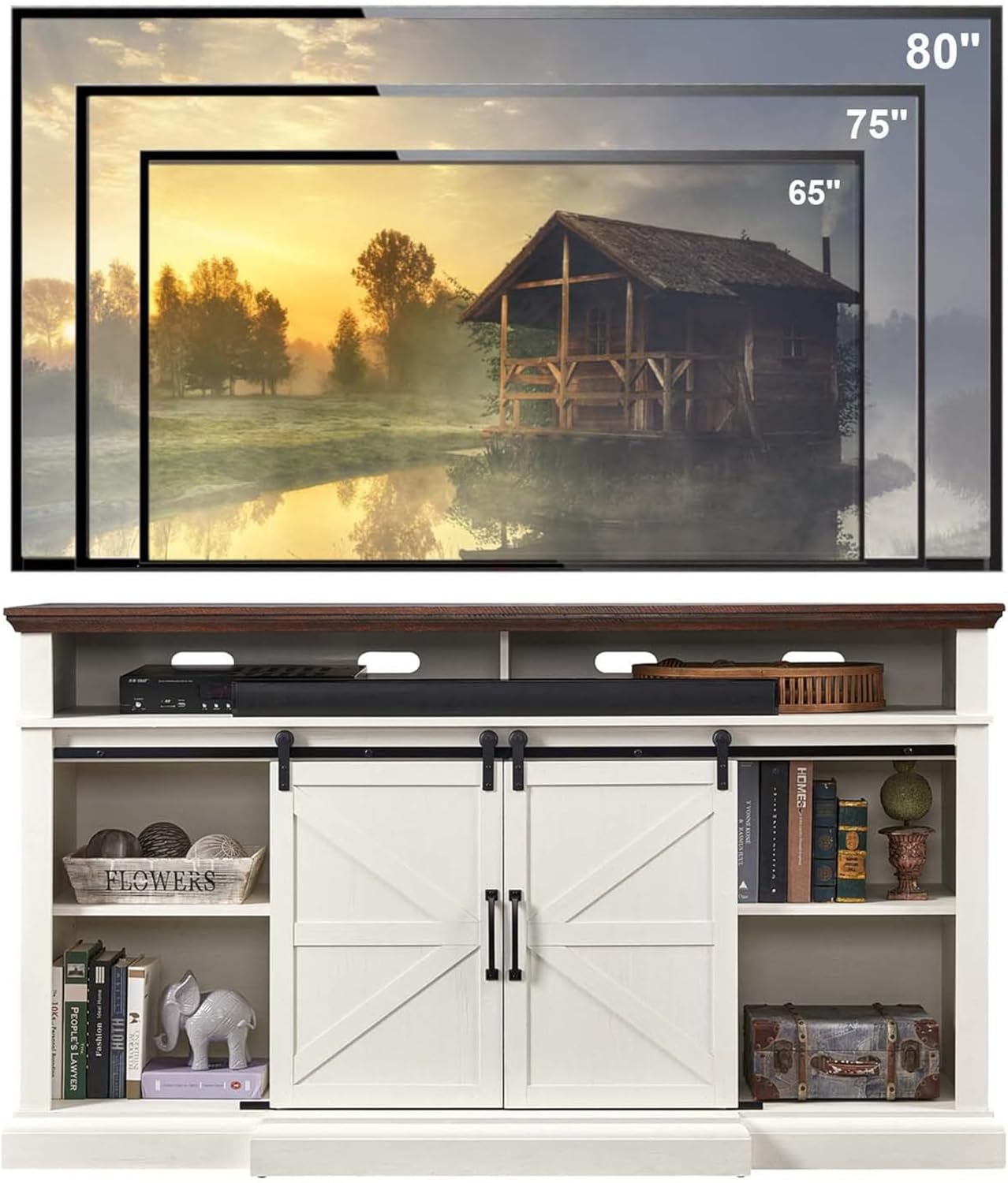 Farmhouse TV Stand for 80 Inch TVs, 37.4'Tall Entertainment Center w/Storage Cabinets and Sliding Barn Door, Media Console Cabinet w/Soundbar & Adjustable Shelves for Living Room, 70 inch (White)