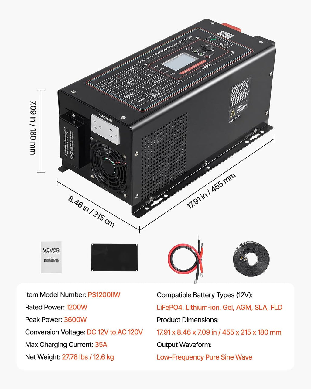 VEVOR Pure Sine Wave Inverter Charger, 1200W, DC 12V to AC 120V Power Inverter with LCD Display, Remote Control, Low Frequency, for RV Camper Home, Compatible with 12V LiFePO4 Lithium Batteries