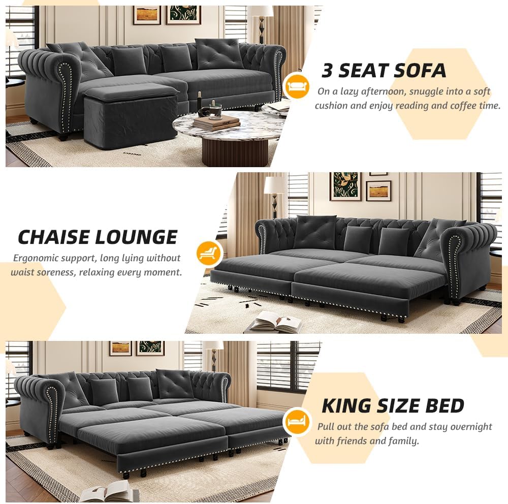 89' King Size Sleeper Sofa Bed, 3-in-1 Convertible Pull Out Chesterfield Sleeper Couch with Ottoman, Oversized Velvet Button Tufted L Shaped Sofa for Living Room Small Spaces, Grey