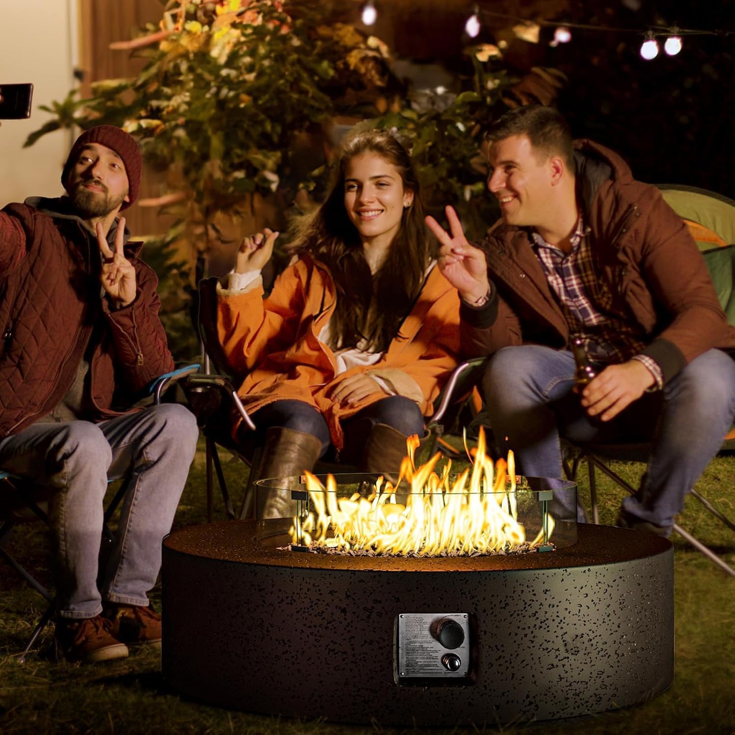COSIEST 42 inch Outdoor Propane Fire Pit Coffee Table w Concrete Round Base Patio Heater, Certified, 50,000 BTU Stainless Steel Burner, Free Lava Rocks, Rain Cover, Wind Guard, Tank Cover