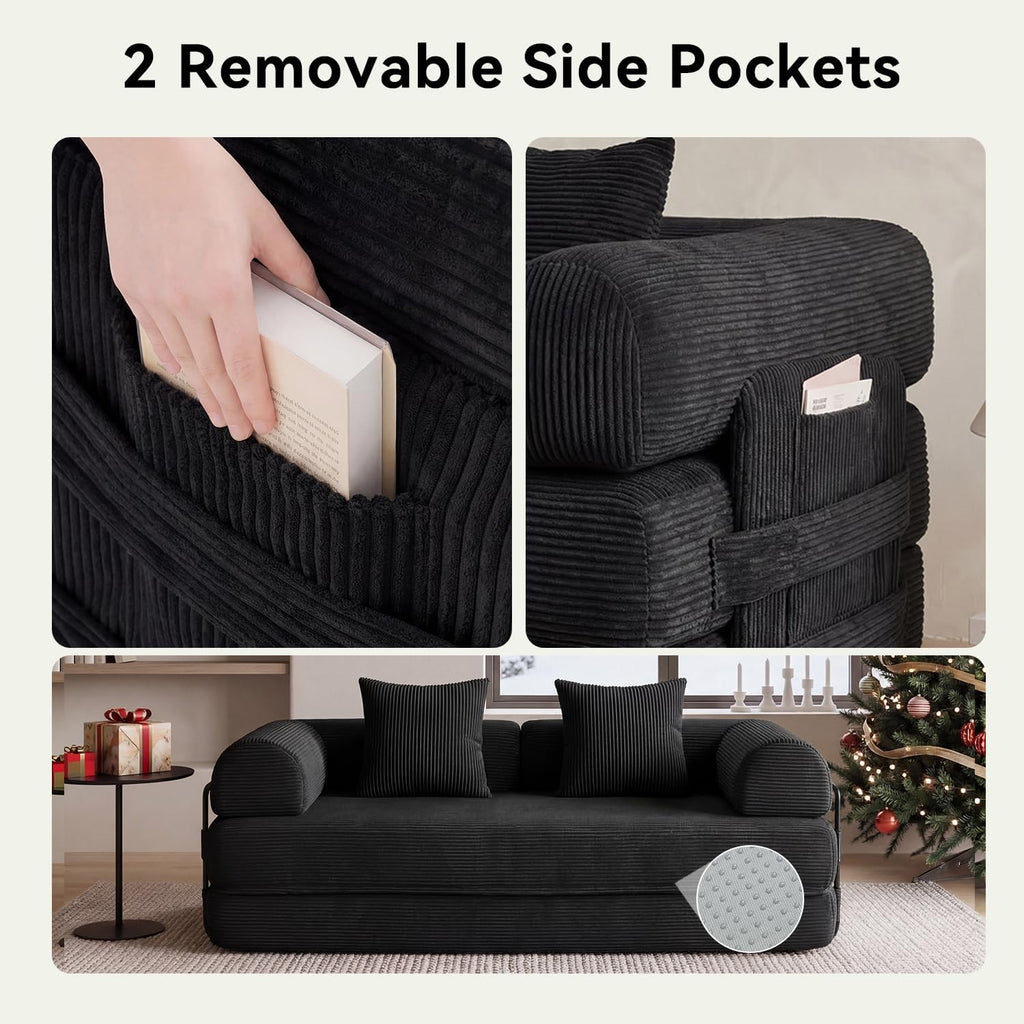 79' Sofa Bed Convertible Boneless Couch Corduroy Modular Couch Bed with Fixed-Shape Frame & Removable Armrests for Living Room, Bedroom (Black)