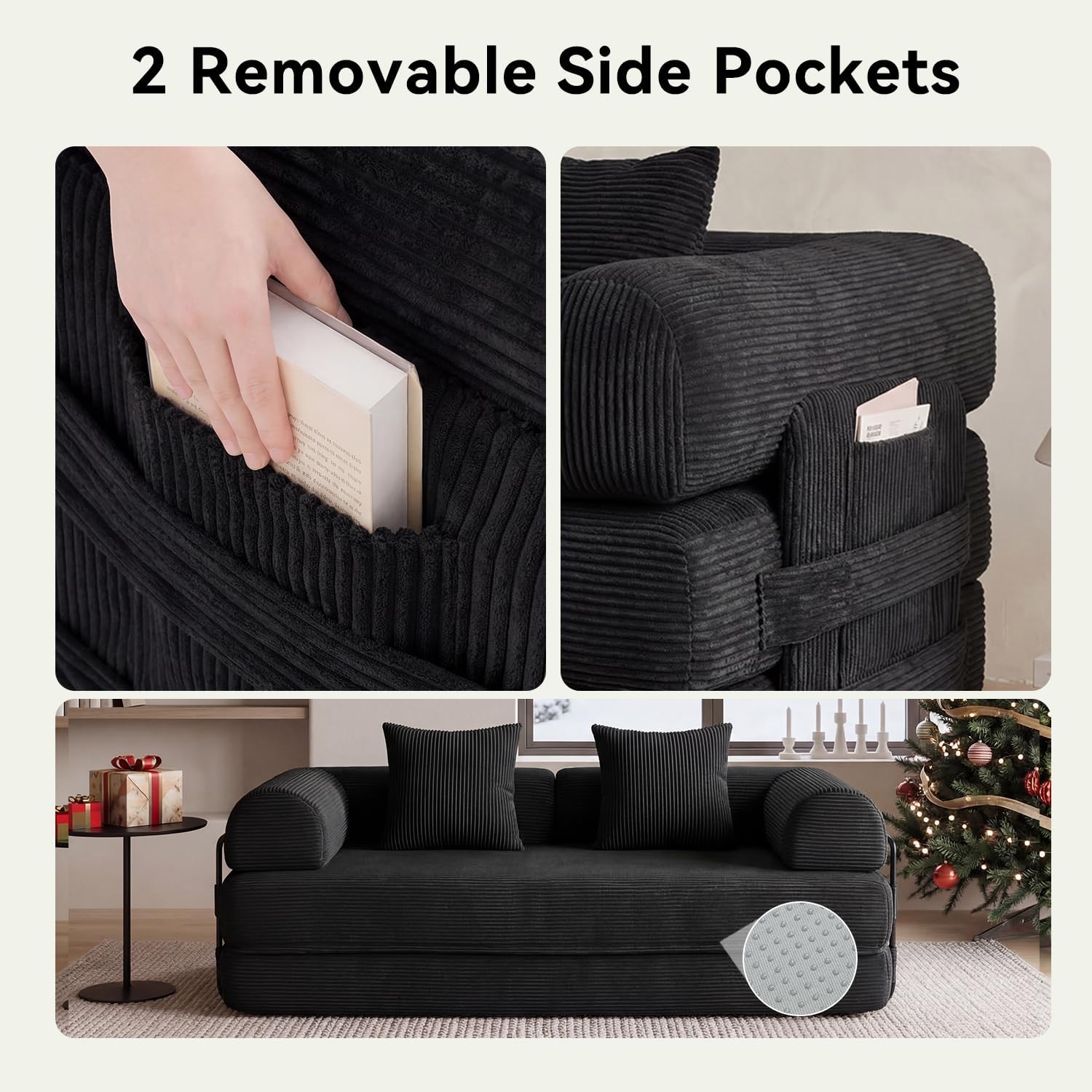 79' Sofa Bed Convertible Boneless Couch Corduroy Modular Couch Bed with Fixed-Shape Frame & Removable Armrests for Living Room, Bedroom (Black)