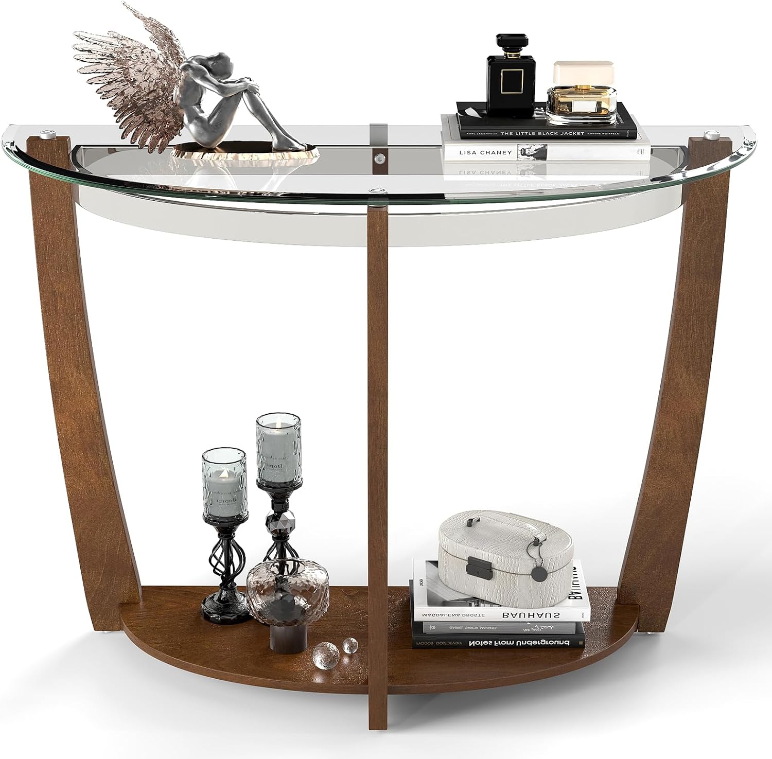 Giantex 2-Tier Glass Console Table, Half Moon Modern Entryway Table with Tempered Glass Top & Open Storage Shelf, Narrow Long Sofa Table for Living Room, Hallway, Foyer, Entrance (Walnut)