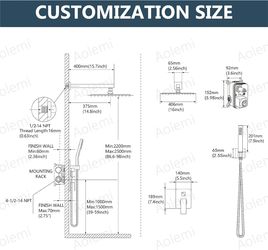 Aolemi Shower Faucet Set Rain Shower System with Handheld Spray Bathroom Shower Combo Rough-in Valve and Shower Trim Kit Included Brushed Nickel 16 Inch Wall Mount Shower Head