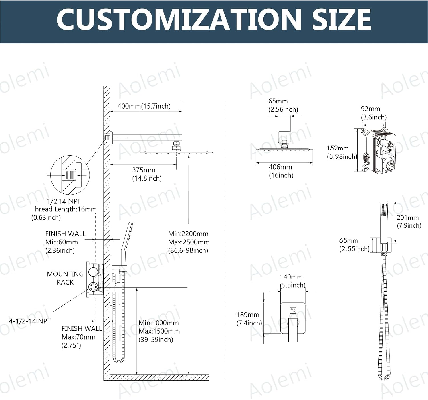 Aolemi Shower Faucet Set Rain Shower System with Handheld Spray Bathroom Shower Combo Rough-in Valve and Shower Trim Kit Included Brushed Nickel 16 Inch Wall Mount Shower Head
