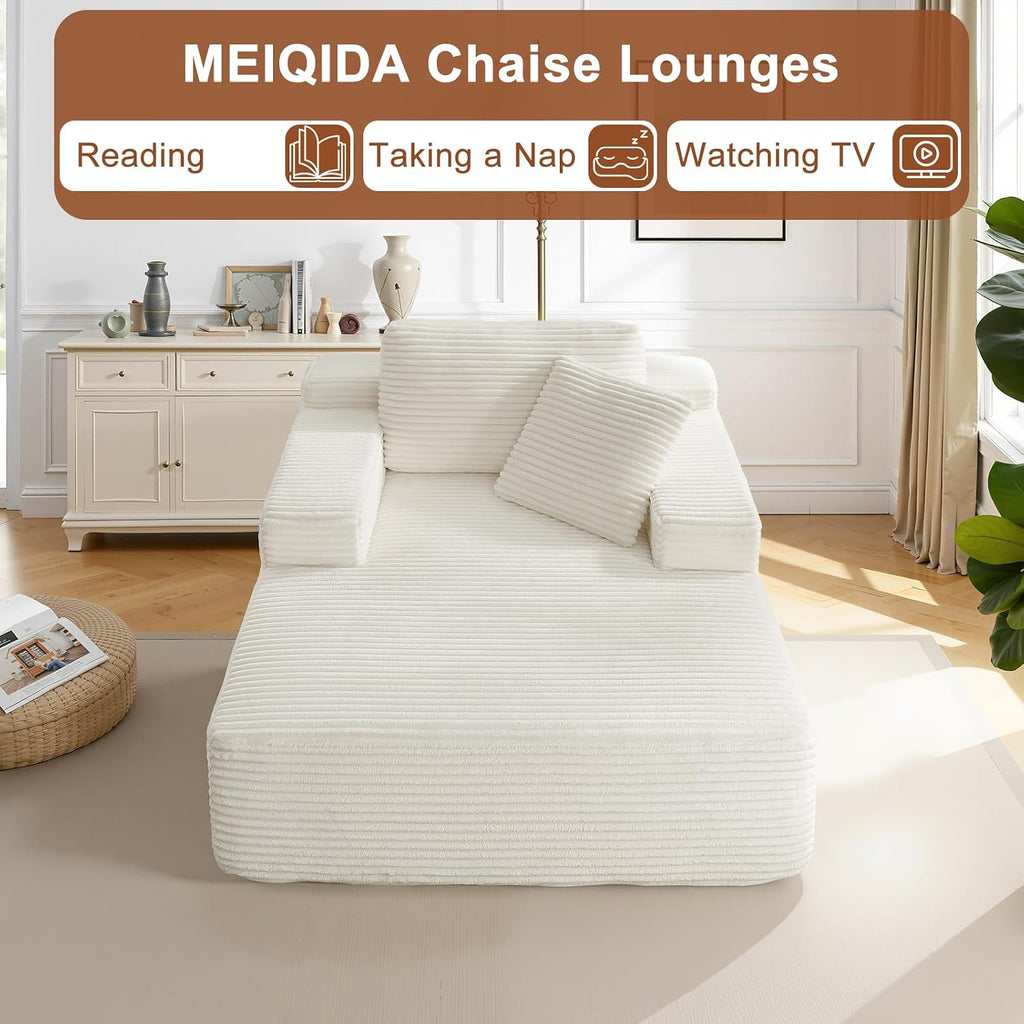 67.5 Inch Oversized Indoor Chaise Lounge, Sofa Bed, Living Room Sofa, Corduroy Sofa, Couches for Living Room, Deep Seat Sleeper Couch Reading Chairs (White)