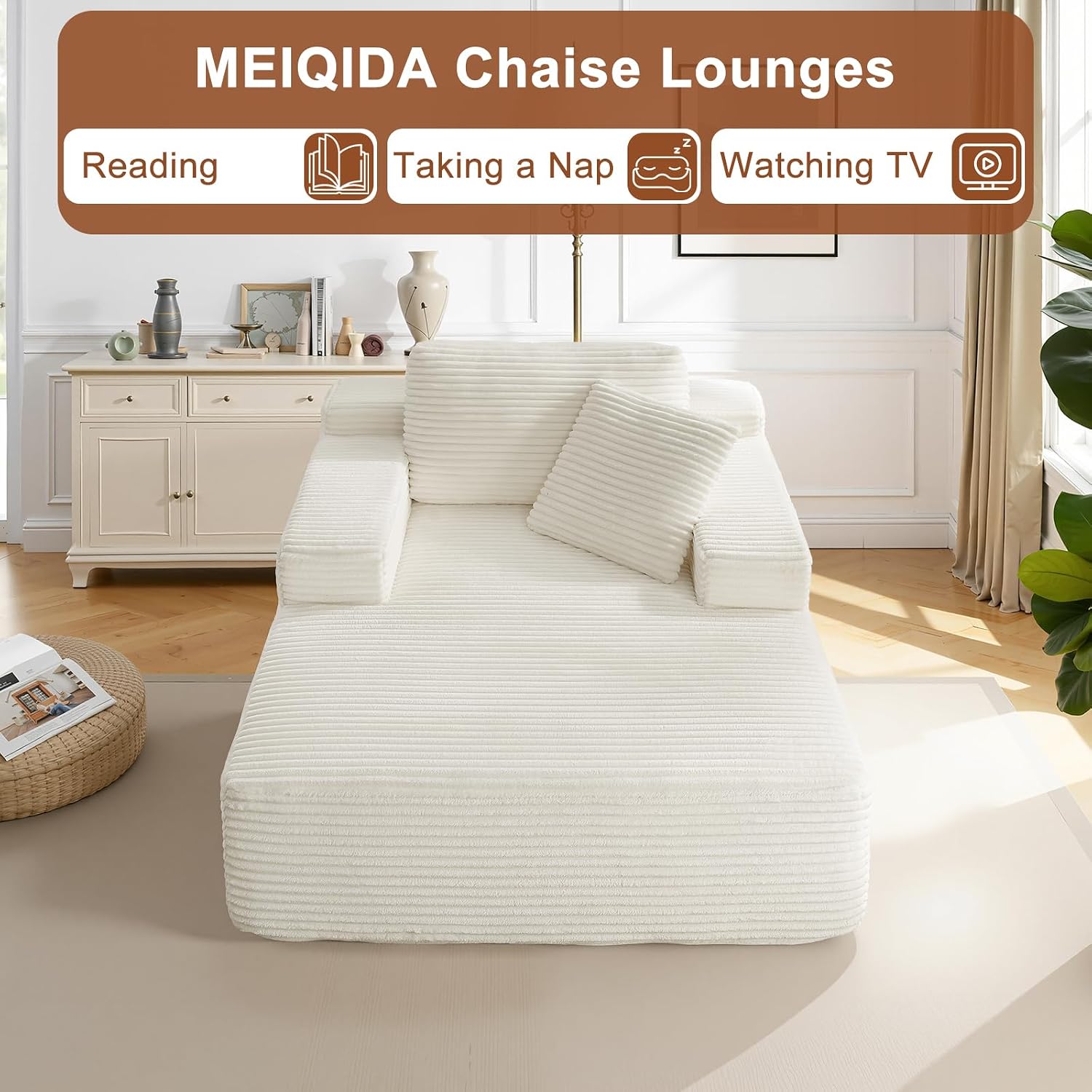 67.5 Inch Oversized Indoor Chaise Lounge, Sofa Bed, Living Room Sofa, Corduroy Sofa, Couches for Living Room, Deep Seat Sleeper Couch Reading Chairs (White)