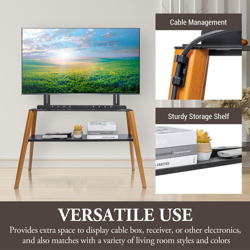MyGift Modern TV Stand with Shelf for Flat Screens, Minimalist Metal and Beech Wood Television Mount Stand, Holds up to 75 Inches