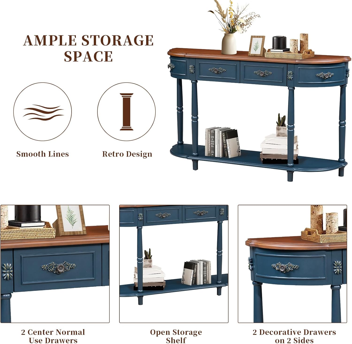 Retro Curved Console Table, 52' Half Moon Sofa Entryway With 2 Drawers 1 Open Shelf, Solid Pine Legs for Living Room, Hallway, Navy Blue