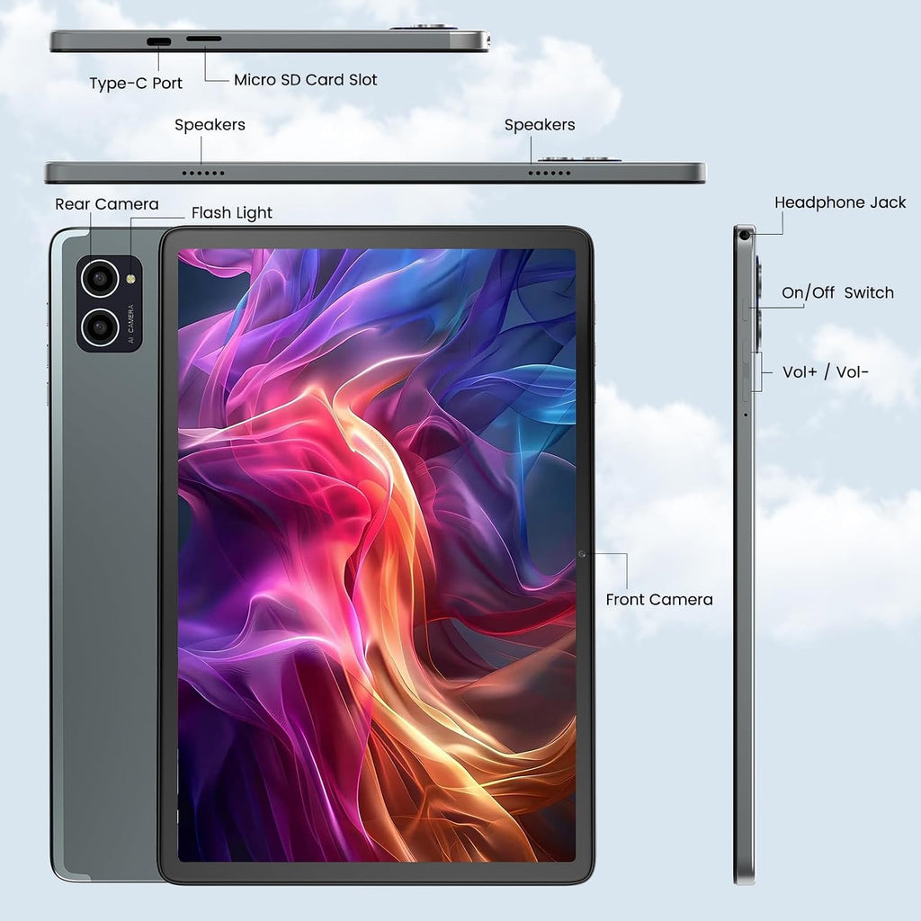 Azeyou Android 14 Tablet, 8GB RAM 128GB ROM 1TB TF, 10.1'' IPS Touchscreen 10H Battery, Dual Camera, Wi-Fi 6, Slim, Light, 2 Year Warranty(Metal Gray)