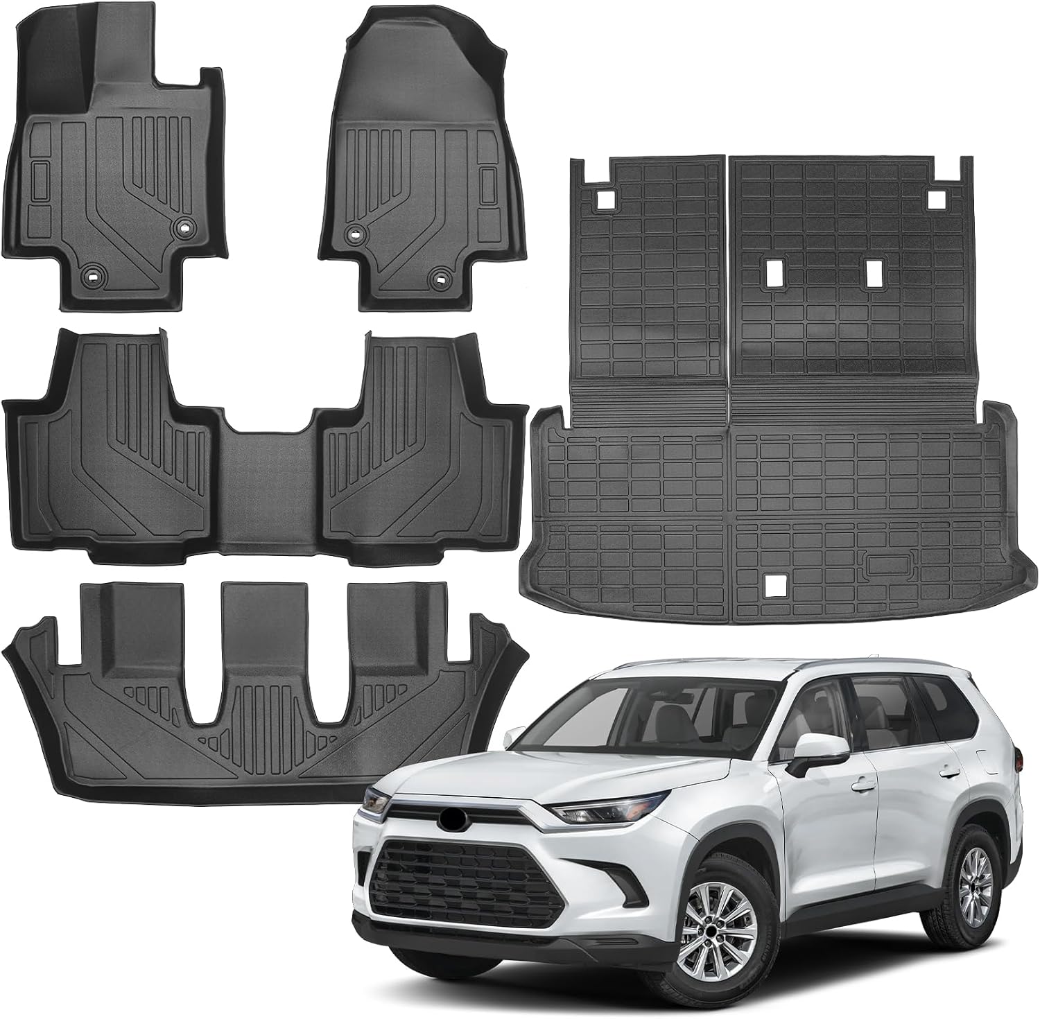 Floor Mats & Cargo Liner & Backrest Mat Set Fit for 2024-2026 Toyota Grand Highlander 7 Seat,All Weather Protection for Car Mats Anti-Slip TPE Odorless Floor Liners Grand Highlander 7 Seat Accessorie