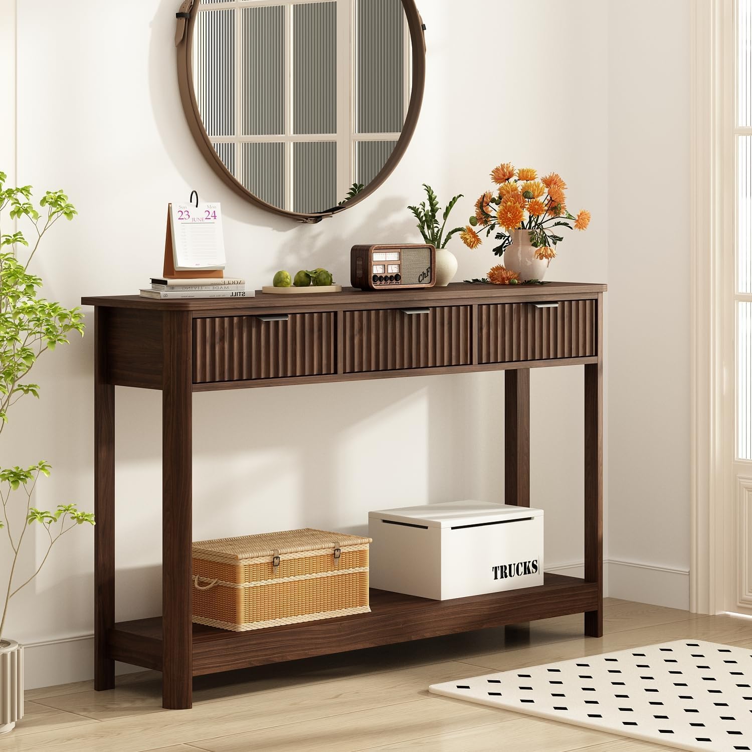 RUSTOWN Fluted Wood Console Table with 3 Drawers, Boho Narrow Behind Couch Entryway Table with Open Storage Shelf, Modern Sofa Table for Living Room, Foyer and Hallway (Dark Walnut)