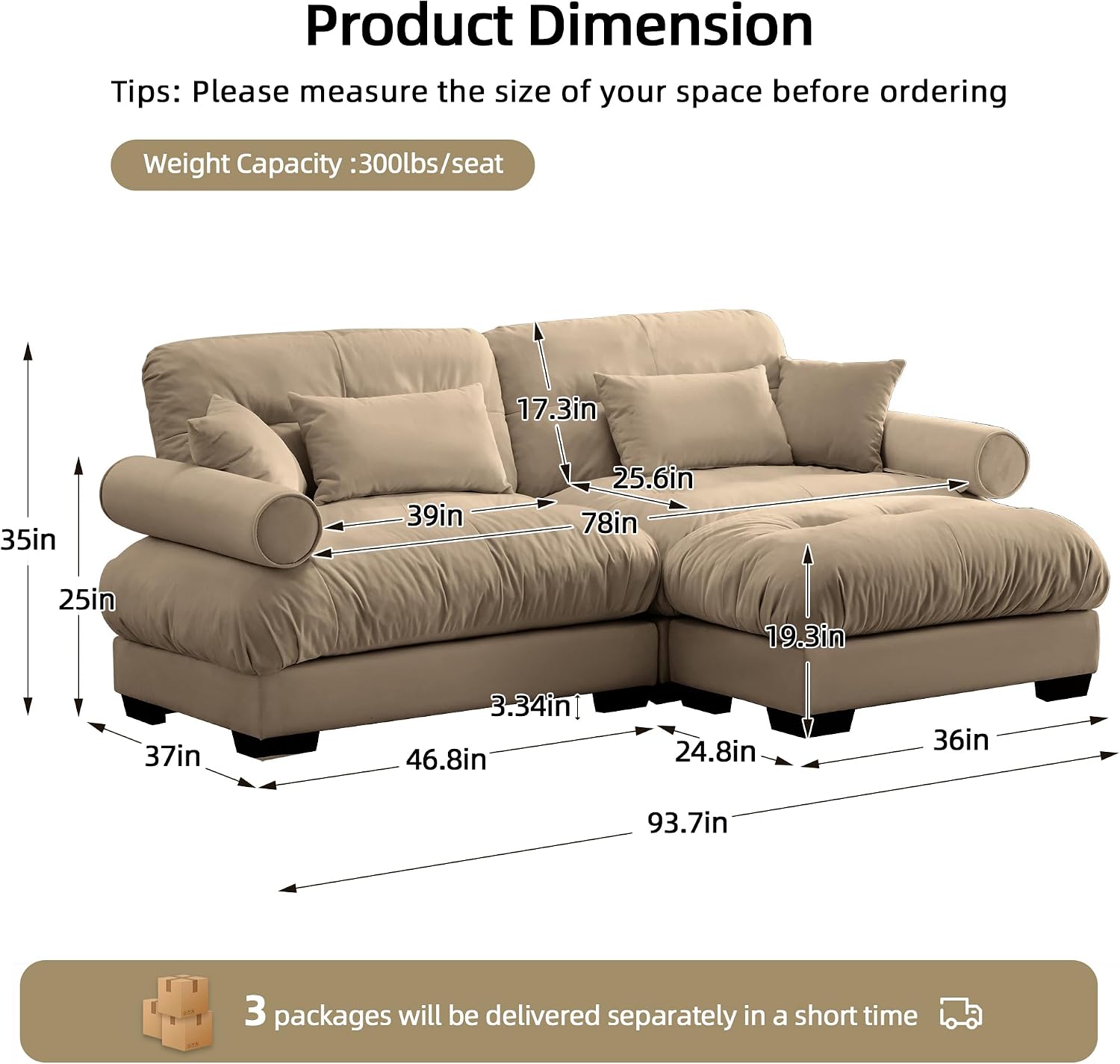 Loveseat Sofa 93.7' Modular Sectional Sofa, 2 Seater Modern Cloud L Shaped Couch, Oversized Sectional Couches for Living Room, Comfy Velvet Sofas Deep Seat Couch with 4 Pillows, Camel