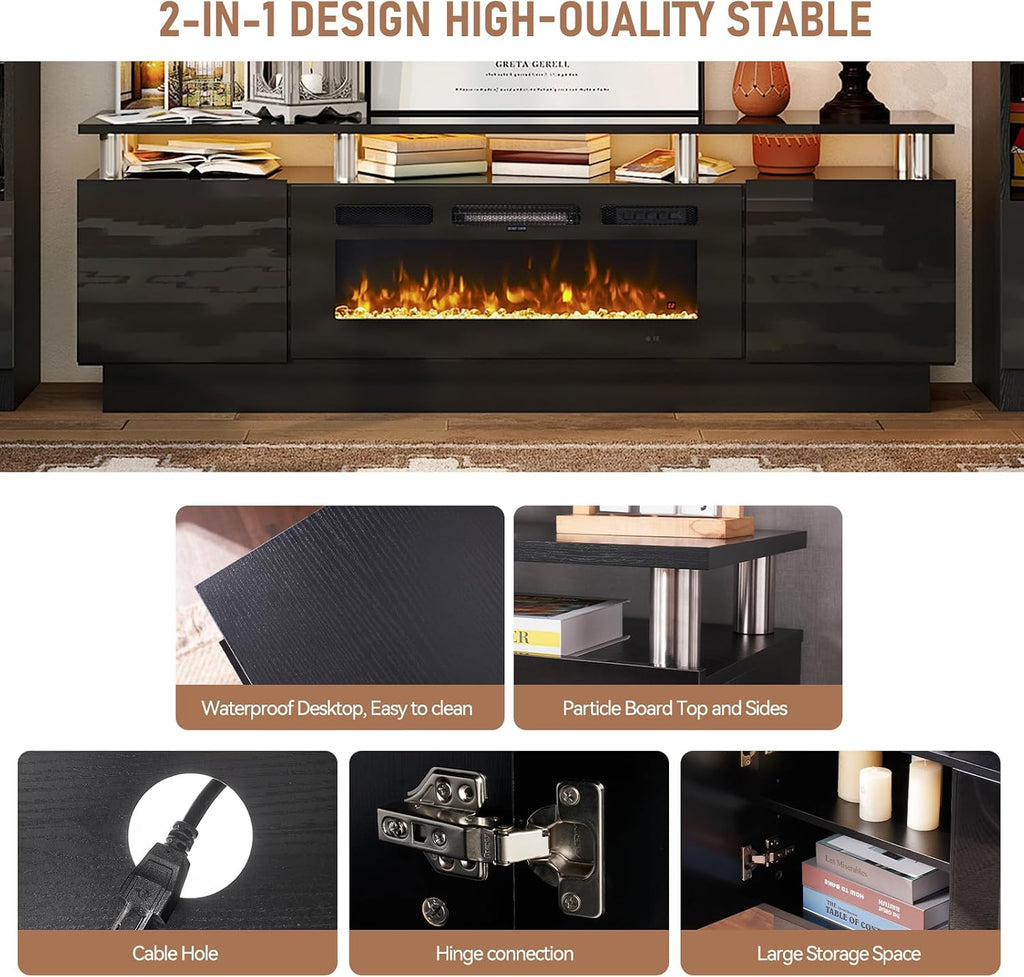 MXV 80' Fireplace TV Stand, Modern Entertainment Center & 36 Inch Electric Fireplace, Remote Control, LED Light, Fire Place Tv Stand for Living Room for TVs up to 90', Black + Black