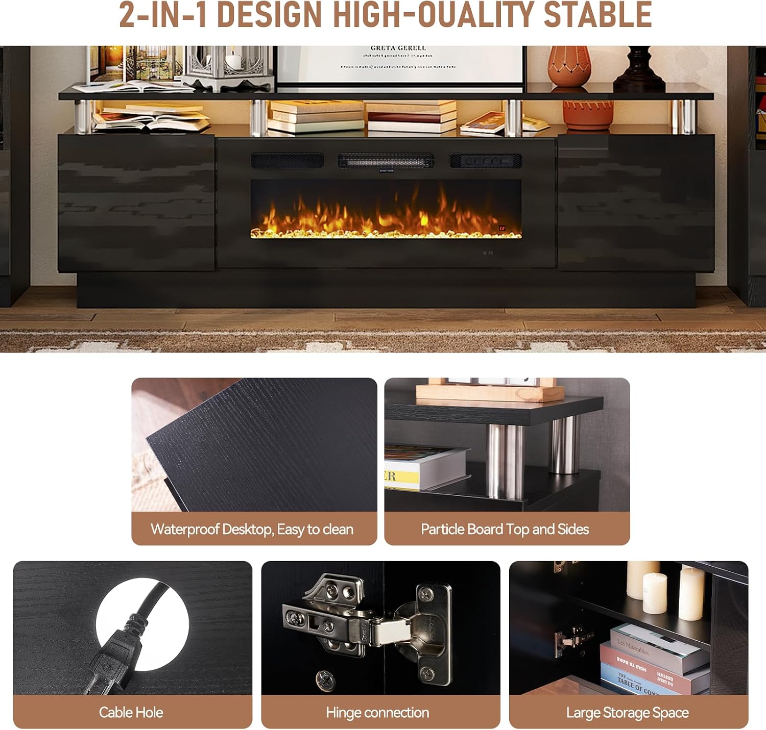 MXV 80' Fireplace TV Stand, Modern Entertainment Center & 36 Inch Electric Fireplace, Remote Control, LED Light, Fire Place Tv Stand for Living Room for TVs up to 90', Black + Black