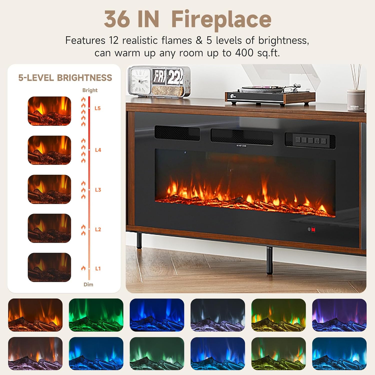 Luxury 70' Fluted TV Stand with Fireplace, Modern Chic Entertainment Center for TVs Up to 80', TV Console for Living Room, Media Cabinet with Storage,70 Inch, Brown