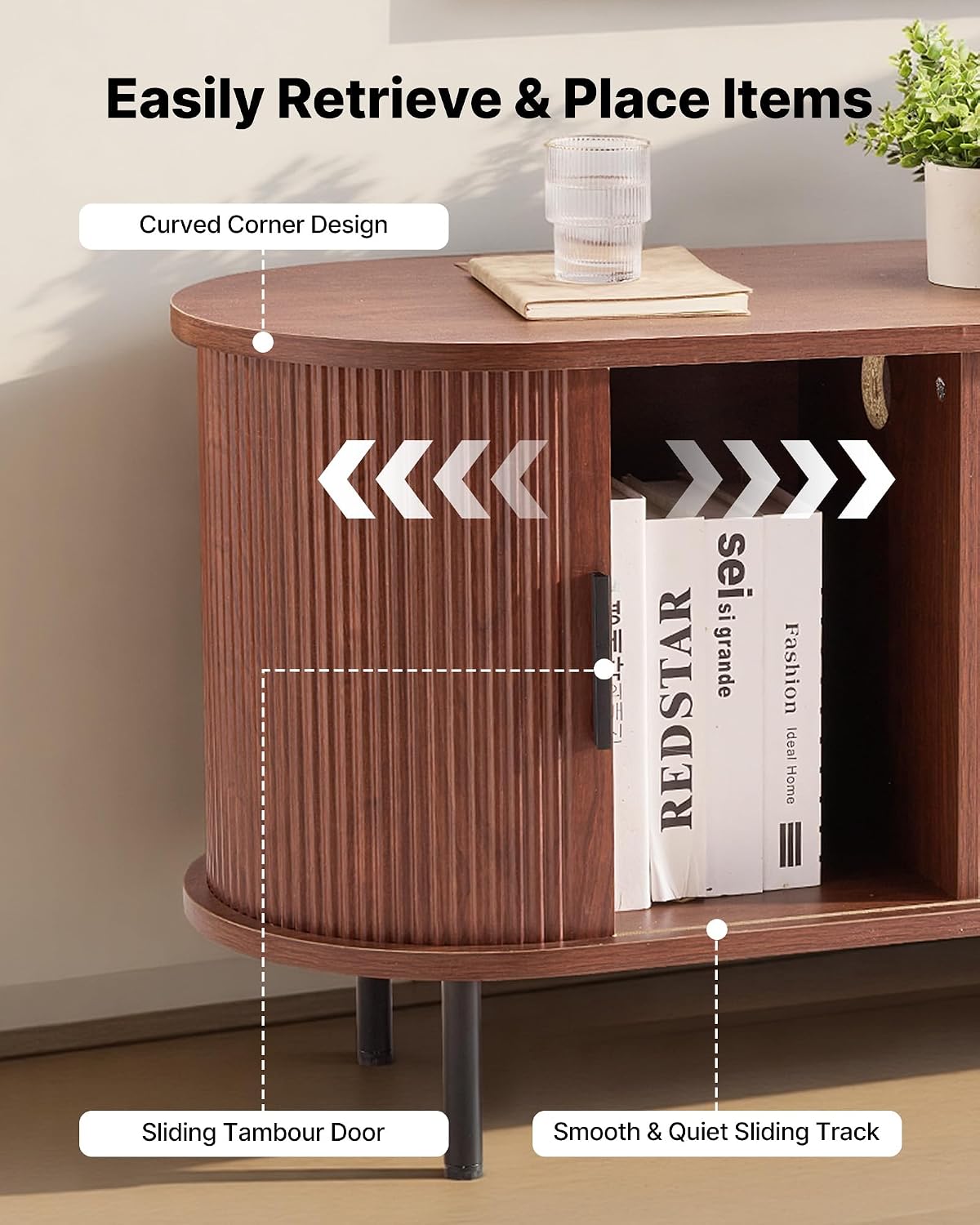 VEVOR Fluted TV Stand for TVs up to 65 inch, Mid-Century Modern Entertainment Center, Boho Media Console with Storage Cabinet & Sliding Tambour Door, Television Stand for Living Room, Bedroom, Walnut