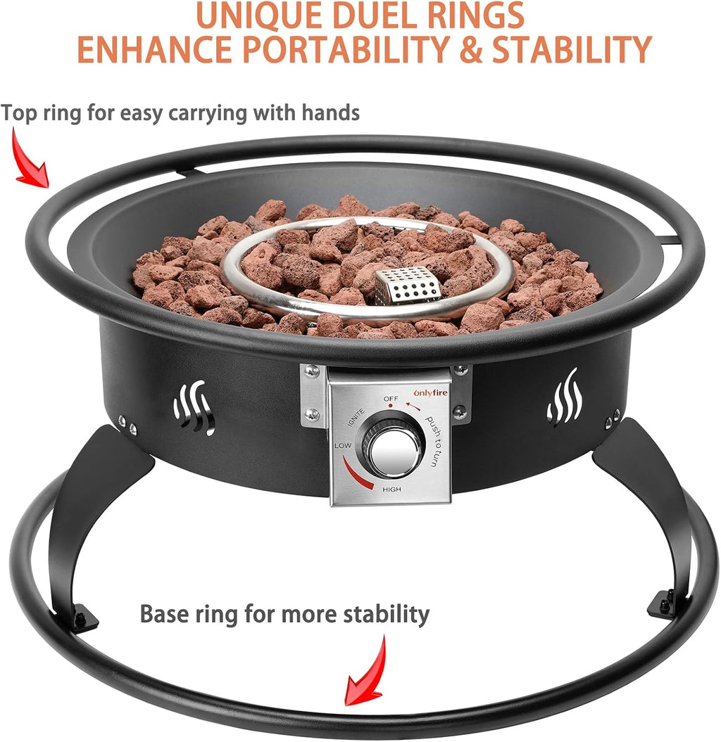 Propane Gas Fire Pit 22¡±, Portable Smokeless Fireplace with 12Ft Hose & Lava Rocks, FirePit for Patio Backyard Bonfire Camping RV Tailgating Beach Party, 55000BTU, #FP001