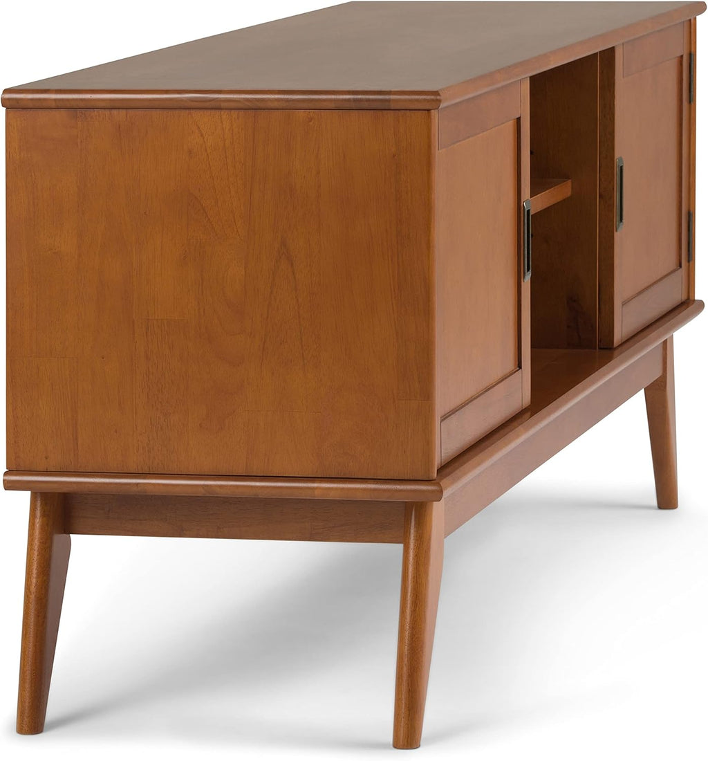 SIMPLIHOME Draper TV Stand - 60 inch Wide Solid Wood Low Media Console in Teak Brown, Mid Century Modern Entertainment Center for Living Room for TVs up to 65 Inches with Cabinets and Cable Management