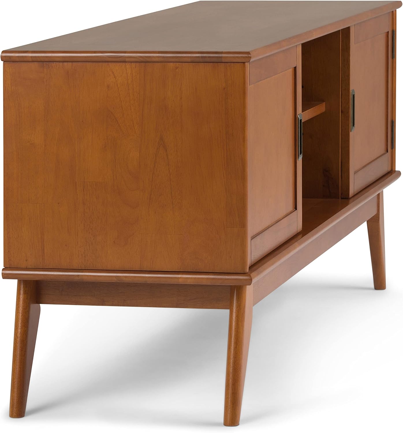SIMPLIHOME Draper TV Stand - 60 inch Wide Solid Wood Low Media Console in Teak Brown, Mid Century Modern Entertainment Center for Living Room for TVs up to 65 Inches with Cabinets and Cable Management