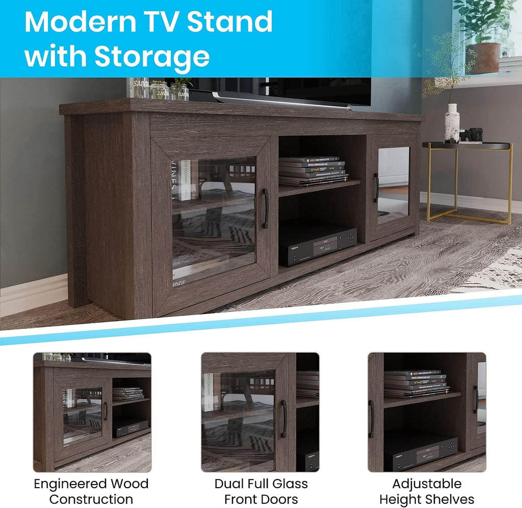 Flash Furniture Sheffield TV Stand up to 80' TVs - Modern Black Wash Finish & Full Glass Doors - 65' Engineered Wood Frame - 3 Height Adjustable Shelves