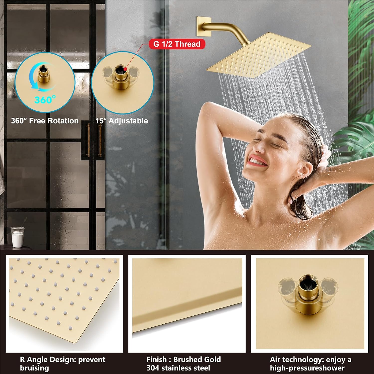 Midanya Shower System with Tub Spout,Bathtub Shower Faucet Set with Square Rainfall Head and Handheld Sprayer Wall Mount Tub Faucet Set with Valve and Trim Kit,8 Inch Brushed Gold