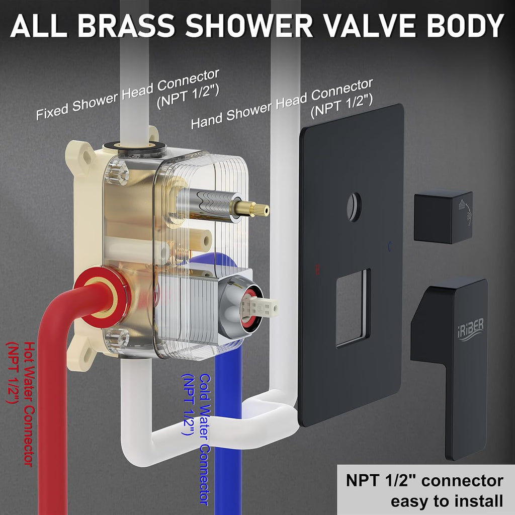Iriber Shower Set with 12 Inch High Pressure Rain Shower Head and Handheld and Shower Faucet Mixer Valve Modern Shower System Including Pressure Balance Valve Shower Trim Kit for Bathroom,Matte Black