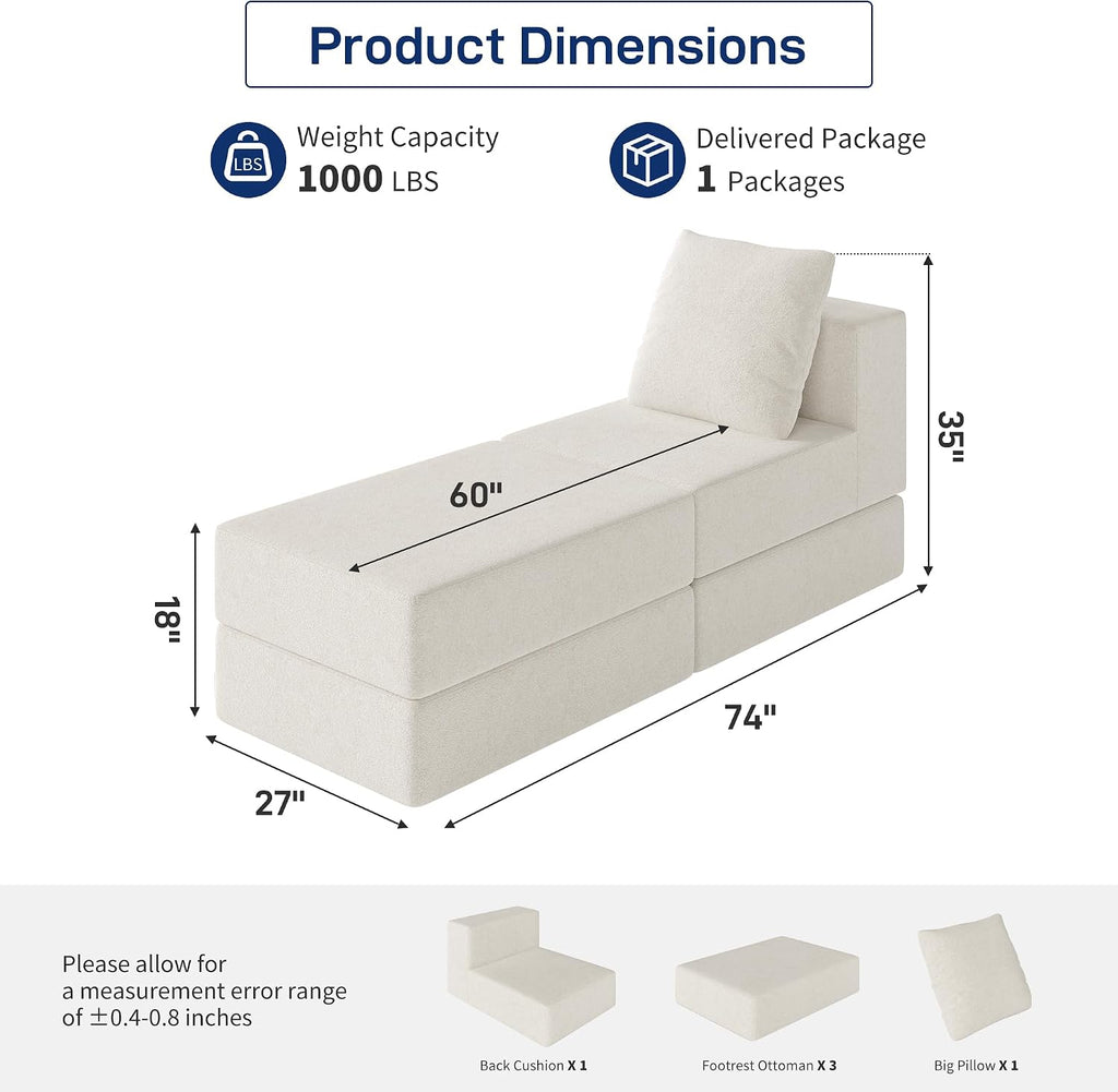 Living&Giving Cloud Sectional Couch for Living Room, Modular Boneless Couch with 1 Ottoman, Middle-seat Can Be Combined with Modular Sofa, Customizable Layout for Any Space, Beige
