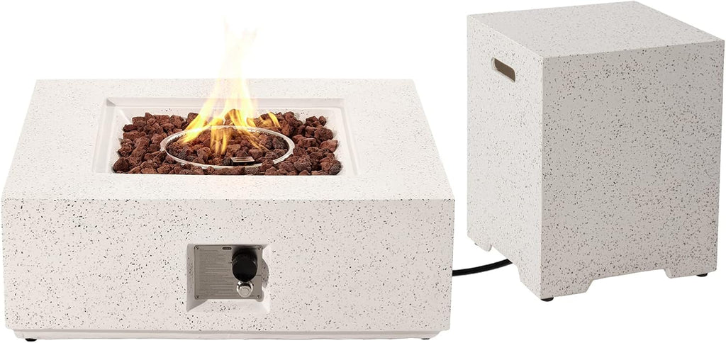 COSIEST 2-Piece Outdoor Propane Fire Pit Table Set w Tank, Beige Faux Stone 35 inch Square Fire Table w Certified, 50,000 BTU Stainless Steel Burner, w 20lb Hideway Tank Cover for Garden, Porch