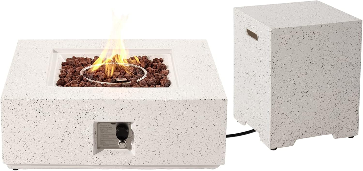 COSIEST 2-Piece Outdoor Propane Fire Pit Table Set w Tank, Beige Faux Stone 35 inch Square Fire Table w Certified, 50,000 BTU Stainless Steel Burner, w 20lb Hideway Tank Cover for Garden, Porch