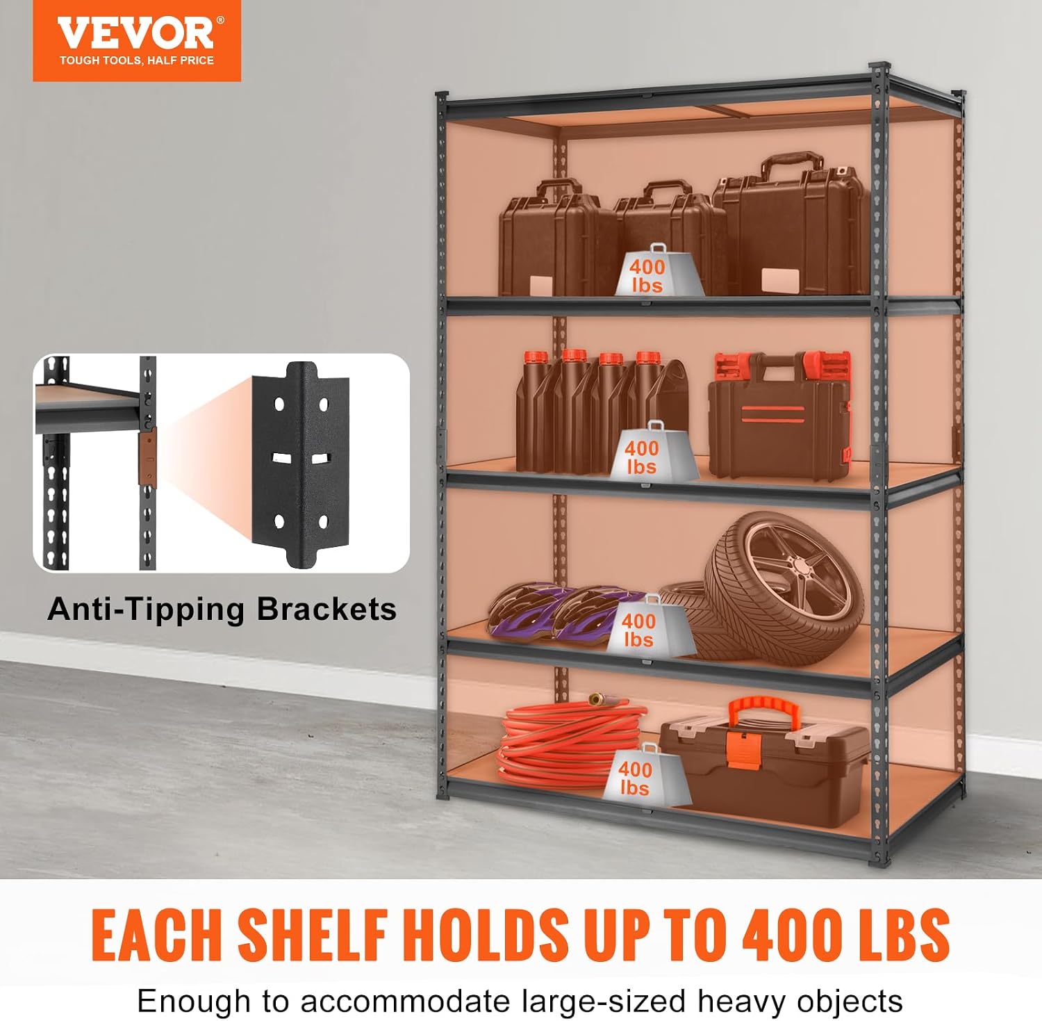 VEVOR Storage Shelving Unit, 5-Tier Adjustable Storage Shelves, 48' L x 24' W x 72' H Heavy Duty Garage Storage Shelves, Metal Shelves for Kitchen Pantry Basement Bathroom Laundry