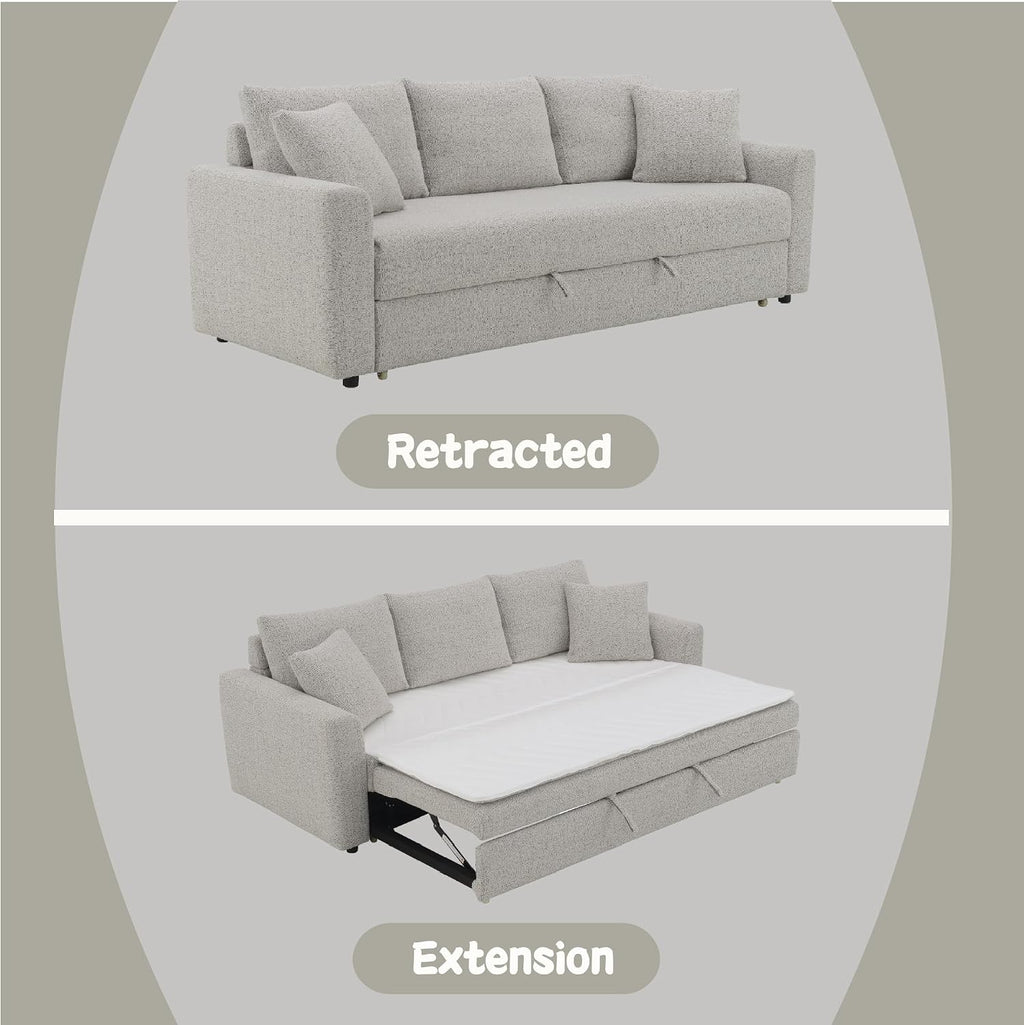 Acme Connie Fabric Upholstered Sofa with Sleeper and 2 Pillows in Beige